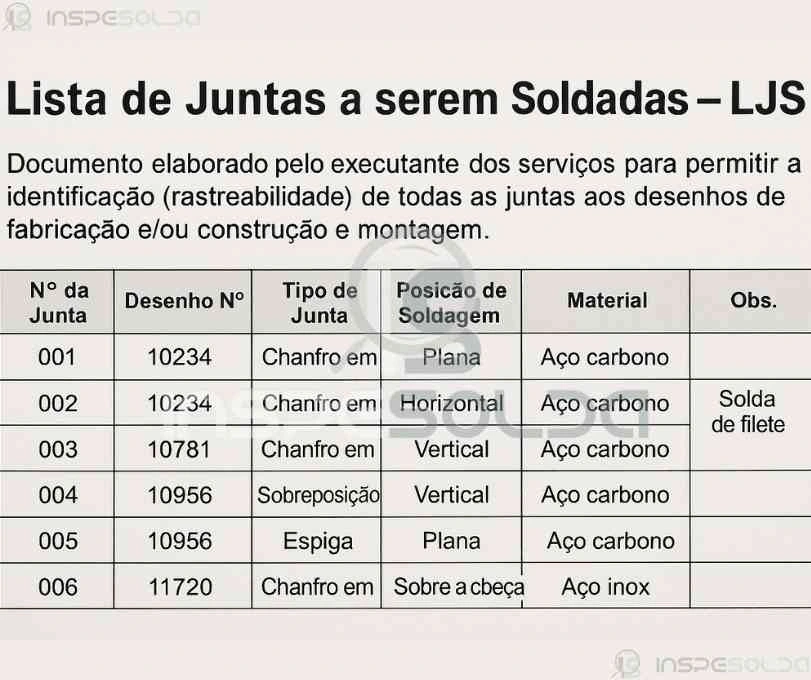 Tabela técnica com a Lista de Juntas a serem Soldadas (LJS), contendo tipos de juntas, processos e observações específicas.