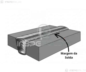 Imagem técnica destacando a margem da solda (weld toe) entre o metal base e o cordão de solda.