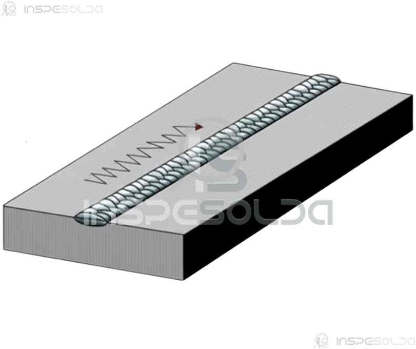 Ilustração técnica mostrando o passe oscilante de soldagem, com deslocamento lateral do eletrodo formando uma geometria uniforme entre os lados da junta.