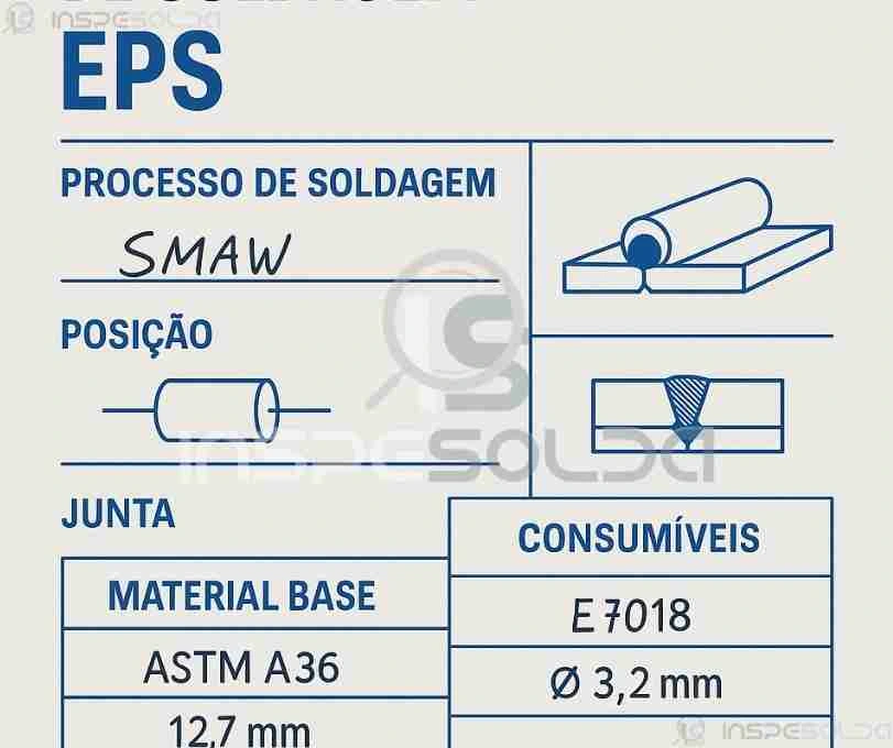 Especificação de Procedimento de Soldagem - EPS 15 Ilustração técnica com dados de uma Especificação de Procedimento de Soldagem (EPS), incluindo tipo de processo, material base e consumível.