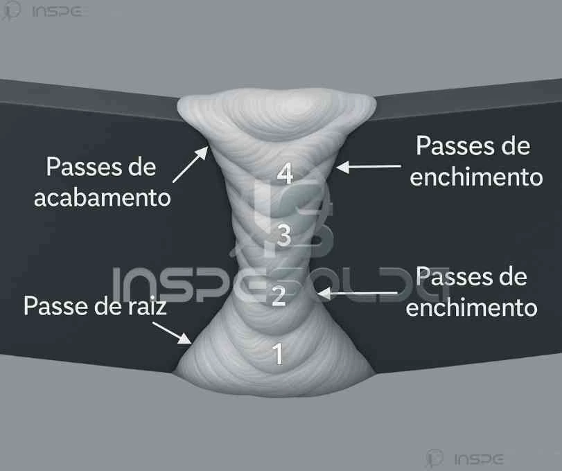 Representação esquemática da sequência de passes de solda, destacando o passe de raiz como o primeiro e base da união, seguido por passes de enchimento e acabamento.