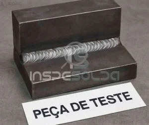 Imagem de uma peça de teste de soldagem com a inscrição “PEÇA DE TESTE” em destaque.