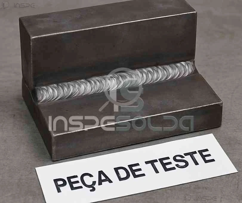 Imagem de uma peça de teste de soldagem com a inscrição “PEÇA DE TESTE” em destaque.