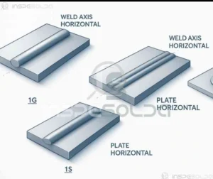 Diagrama técnico mostrando as posições de soldagem, com destaque para a posição horizontal em um componente cilíndrico.