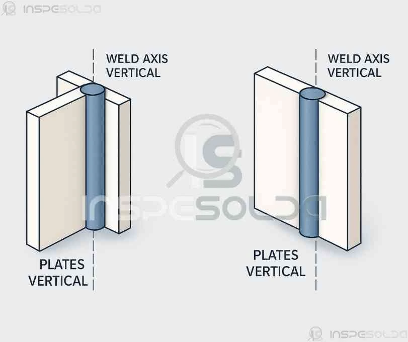 Ilustração comparando soldagem vertical ascendente e descendente, demonstrando direção da solda e posicionamento da poça de fusão.