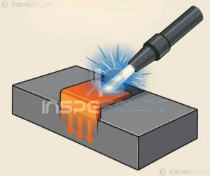 Representação de pré-aquecimento localizado em uma junta metálica, com destaque visual para a área aquecida antes da soldagem.