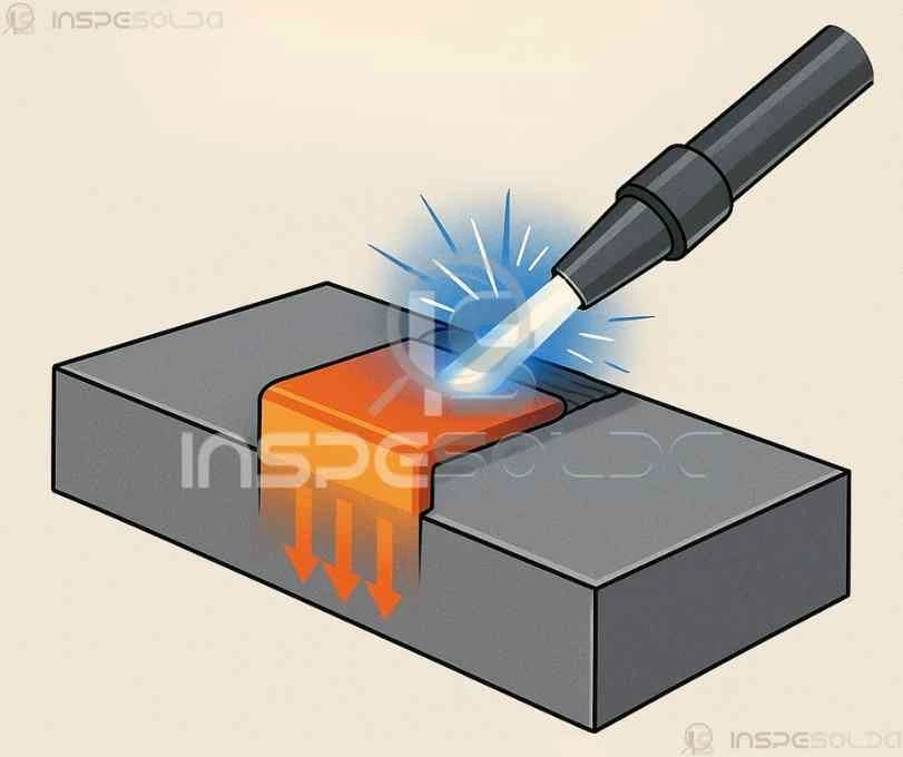 Representação de pré-aquecimento localizado em uma junta metálica, com destaque visual para a área aquecida antes da soldagem.