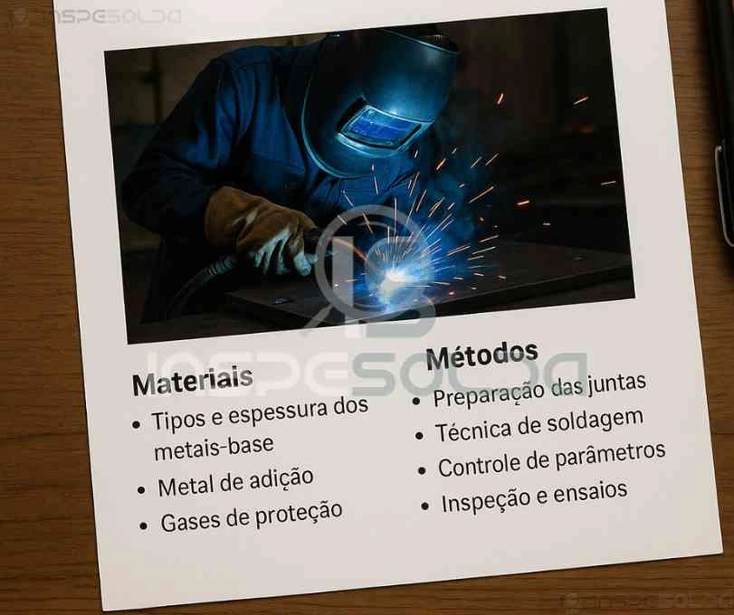 Documento técnico impresso com especificações de procedimento de soldagem (EPS), ao lado de equipamento de soldagem em fundo desfocado.