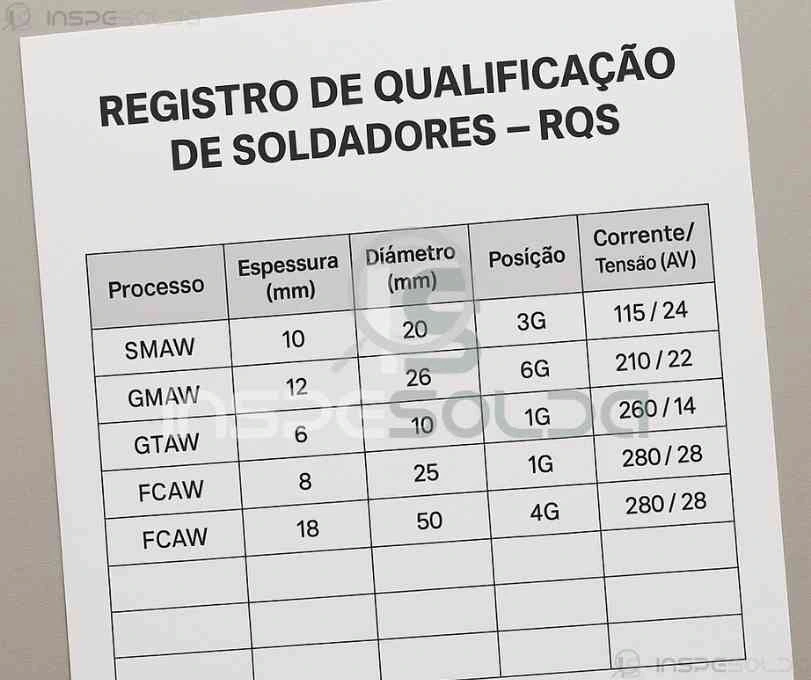 Registro de Qualificação Para Soldadores – RQS 2 Tabela de registro de qualificação de soldadores com informações técnicas e datas de validade.