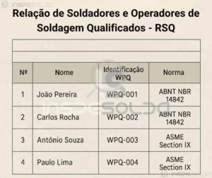 Relação de Soldadores e Operadores de Soldagem Qualificados - RSQ 3 Tabela listando nomes de soldadores e operadores de soldagem com seus respectivos processos qualificados.