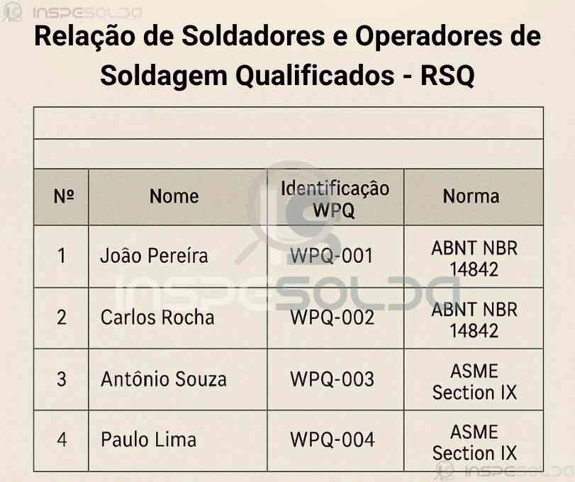 Relação de Soldadores e Operadores de Soldagem Qualificados - RSQ 2 Tabela listando nomes de soldadores e operadores de soldagem com seus respectivos processos qualificados.