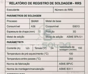 Tabela contendo dados técnicos de soldagem como processo, parâmetros e identificações de soldadores.