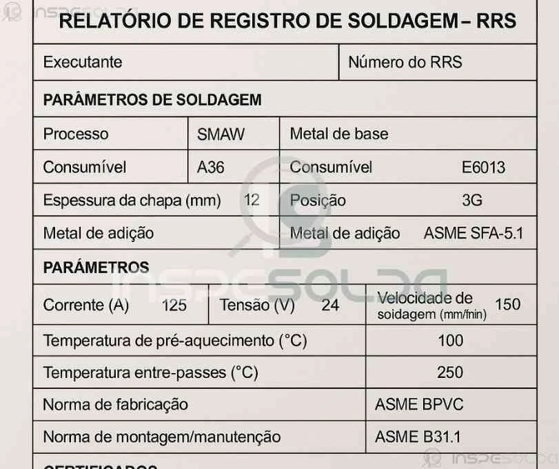 Tabela contendo dados técnicos de soldagem como processo, parâmetros e identificações de soldadores.