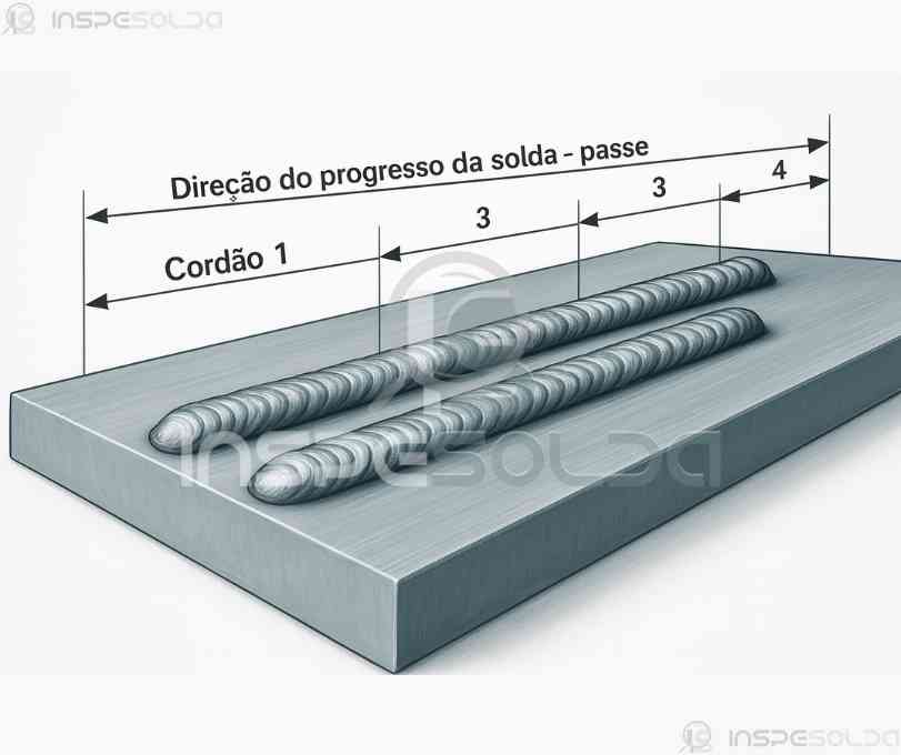 Sequência à Ré (backstep sequence) 2 Imagem técnica ilustrando uma junta soldada com indicação da sequência de soldagem no sentido reverso (a ré).
