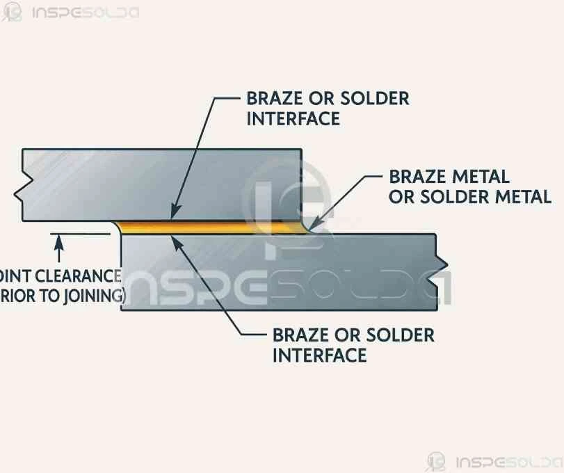Diagrama técnico ilustrando o processo de solda branda com destaque para as regiões de ligação entre as peças metálicas.