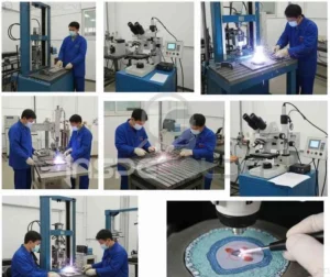 Teste de Produção 3 Sequência de imagens mostrando a execução de testes de produção em processos de soldagem.