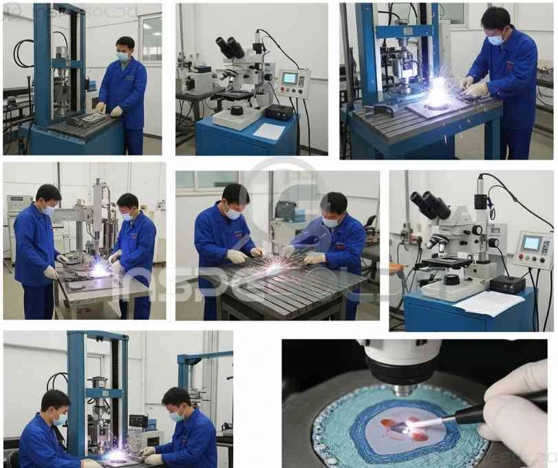 Teste de Produção 6 Sequência de imagens mostrando a execução de testes de produção em processos de soldagem.